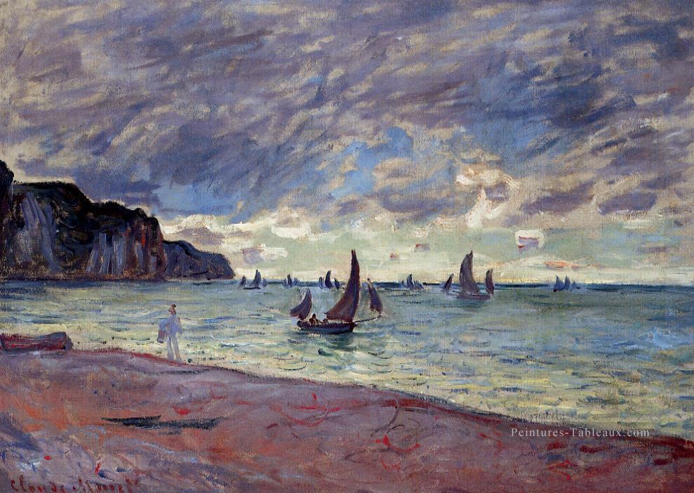 Bateaux de pêche sur la plage et les falaises de Pourville Claude Monet Peintures à l'huile